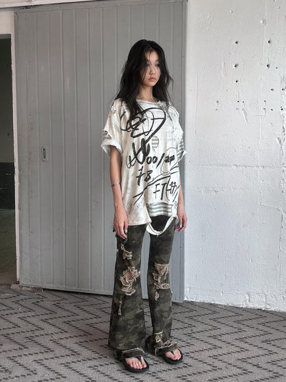 FULLTIDE Distressed Vintage Double Layer Printed Women&