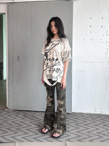 FULLTIDE Distressed Vintage Double Layer Printed Women&