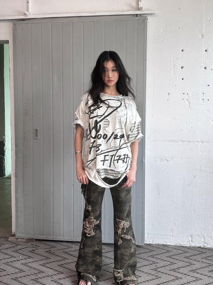 FULLTIDE Distressed Vintage Double Layer Printed Women&