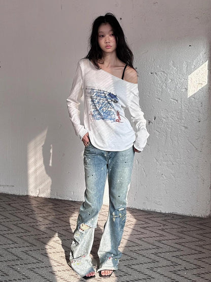 FULLTIDE Durable Cotton Stretch Denim Natural Waist Wide Leg Light Blue Zipper Pants