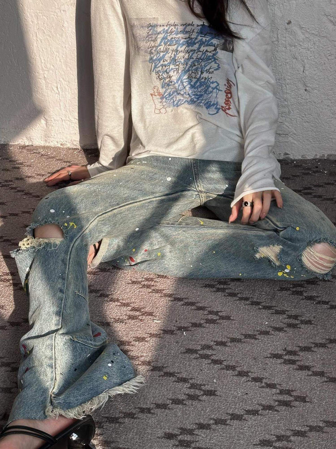 FULLTIDE Durable Cotton Stretch Denim Natural Waist Wide Leg Light Blue Zipper Pants