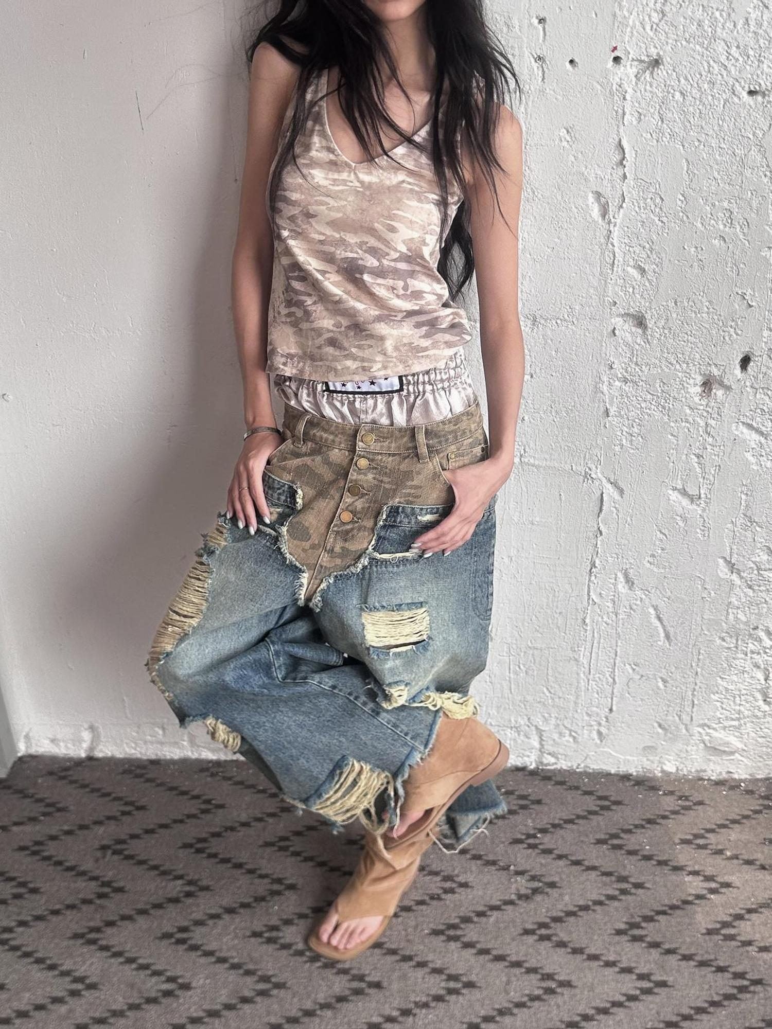 FULLTIDE Durable Deconstructed Patchwork Low Waist Ripped Camo Denim Relaxed Button Jeans