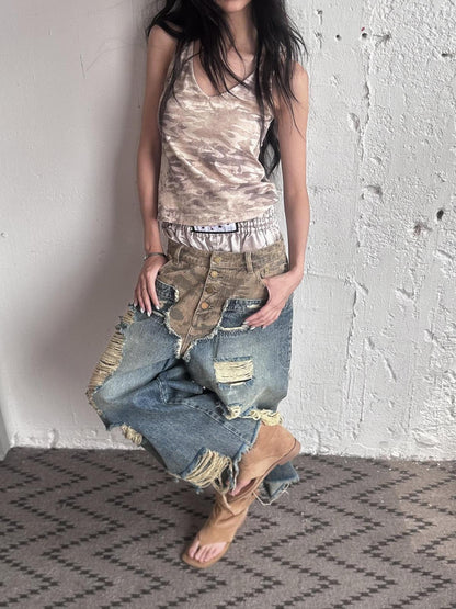 FULLTIDE Durable Deconstructed Patchwork Low Waist Ripped Camo Denim Relaxed Button Jeans