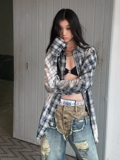 FULLTIDE Durable Deconstructed Patchwork Low Waist Ripped Camo Denim Relaxed Button Jeans