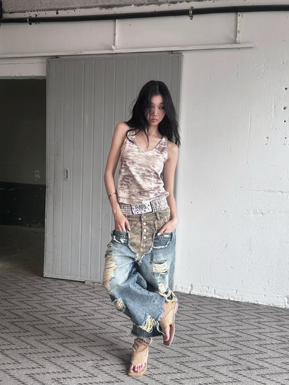 FULLTIDE Durable Deconstructed Patchwork Low Waist Ripped Camo Denim Relaxed Button Jeans