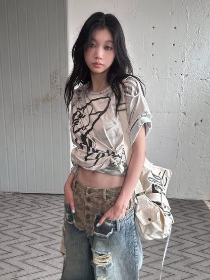 FULLTIDE Durable Deconstructed Patchwork Low Waist Ripped Camo Denim Relaxed Button Jeans