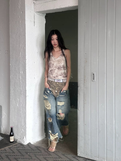 FULLTIDE Durable Deconstructed Patchwork Low Waist Ripped Camo Denim Relaxed Button Jeans