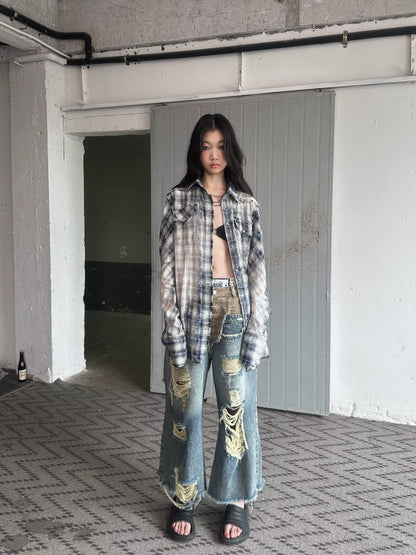 FULLTIDE Durable Deconstructed Patchwork Low Waist Ripped Camo Denim Relaxed Button Jeans