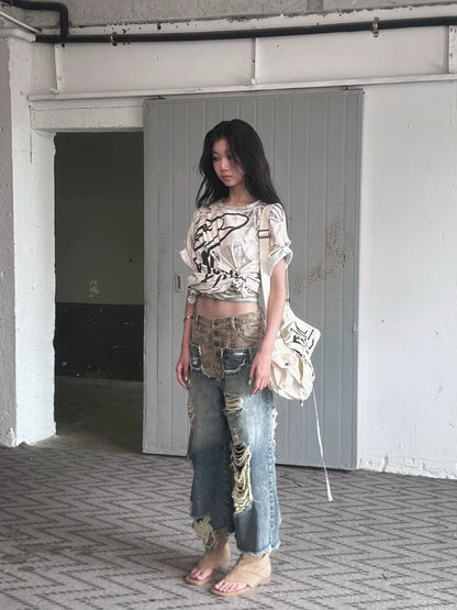 FULLTIDE Durable Deconstructed Patchwork Low Waist Ripped Camo Denim Relaxed Button Jeans