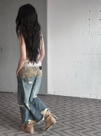 FULLTIDE Durable Deconstructed Patchwork Low Waist Ripped Camo Denim Relaxed Button Jeans