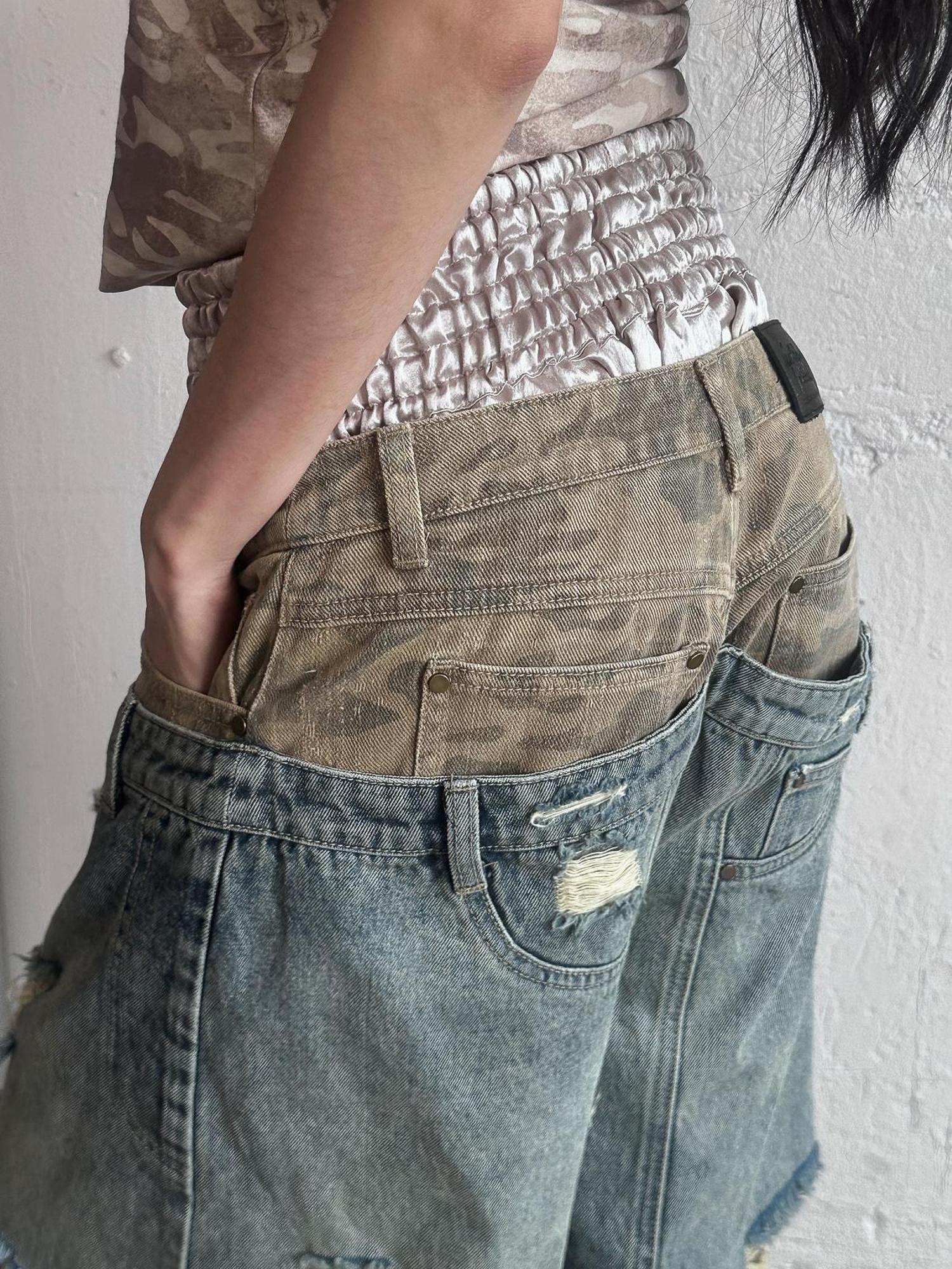 FULLTIDE Durable Deconstructed Patchwork Low Waist Ripped Camo Denim Relaxed Button Jeans