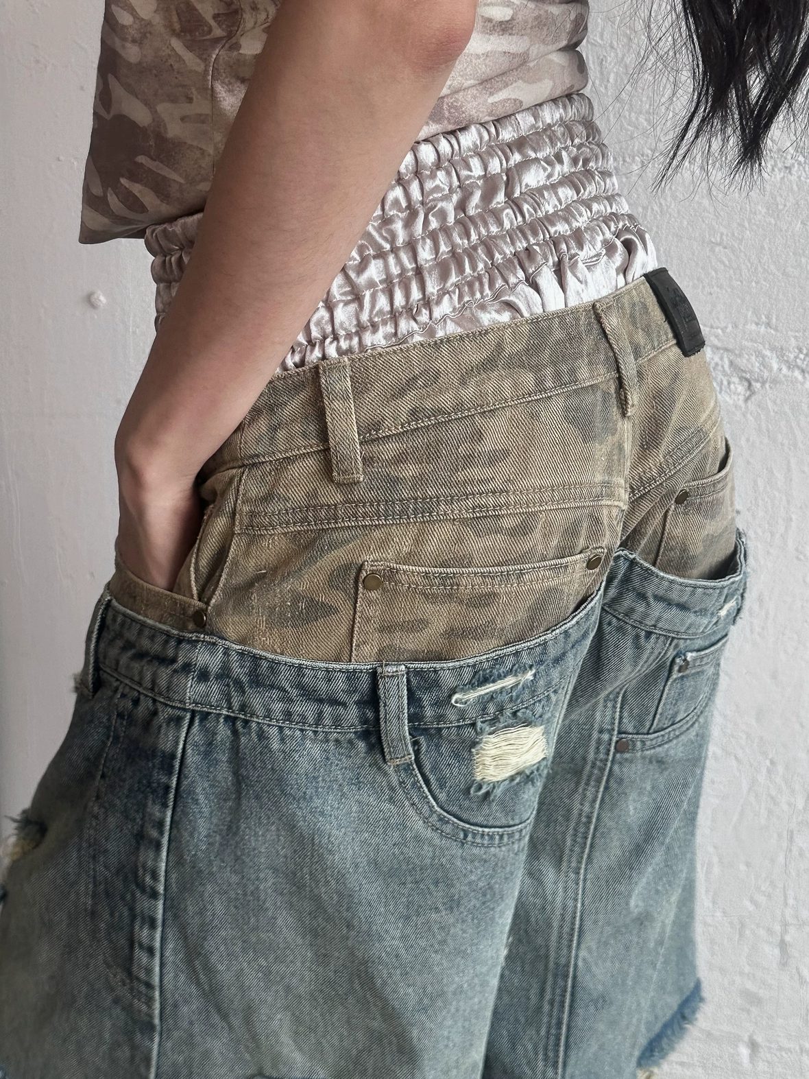 FULLTIDE Durable Deconstructed Patchwork Low Waist Ripped Camo Denim Relaxed Button Jeans