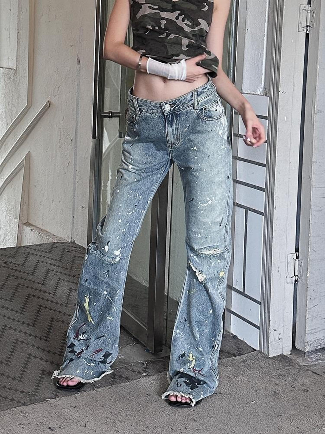 FULLTIDE Durable Stretch Natural Waist Wide Leg Zip Fly Women Light Blue Denim Pants