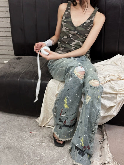 FULLTIDE Durable Stretch Natural Waist Wide Leg Zip Fly Women Light Blue Denim Pants