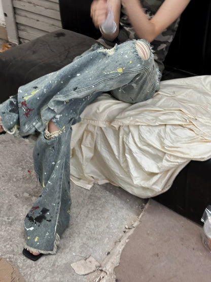 FULLTIDE Durable Stretch Natural Waist Wide Leg Zip Fly Women Light Blue Denim Pants