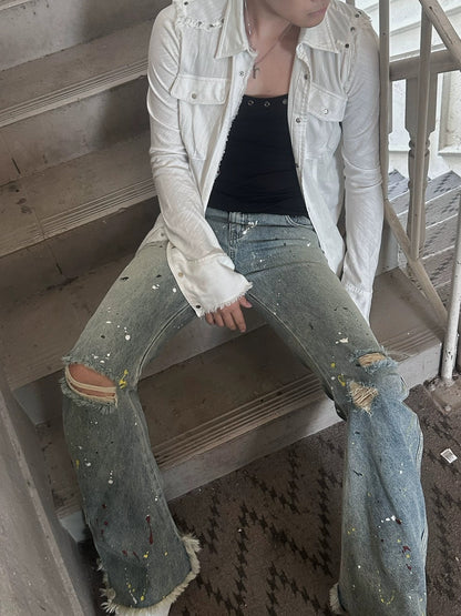 FULLTIDE Durable Stretch Natural Waist Wide Leg Zip Fly Women Light Blue Denim Pants