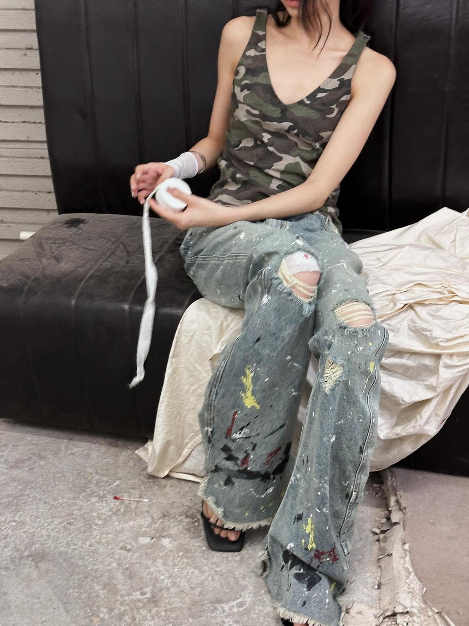 FULLTIDE Durable Stretch Natural Waist Wide Leg Zip Fly Women Light Blue Denim Pants