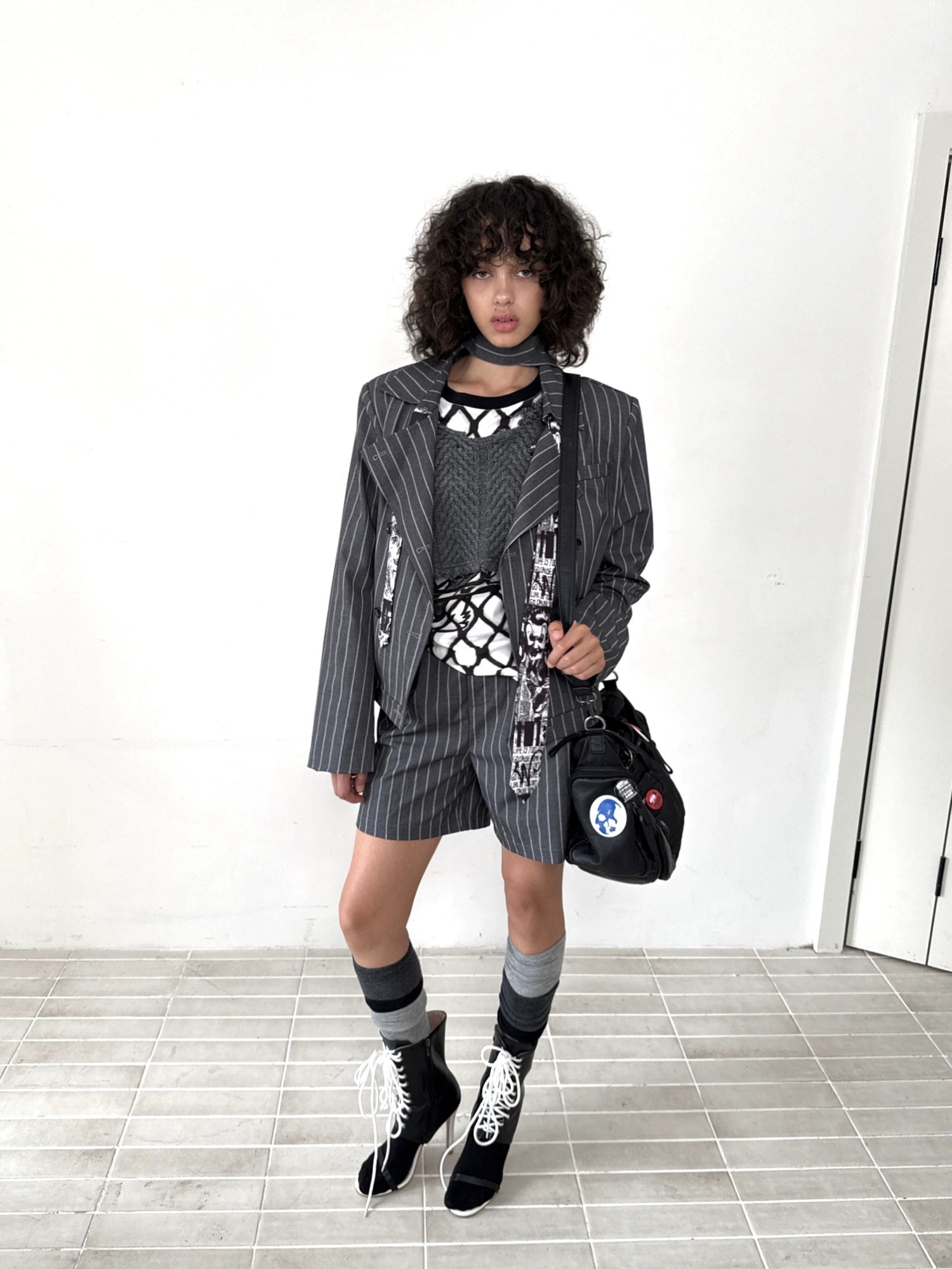 FULLTIDE Edgy Punk Oversized Epaulet 3D Details Unisex Cotton Blend Striped Jacket