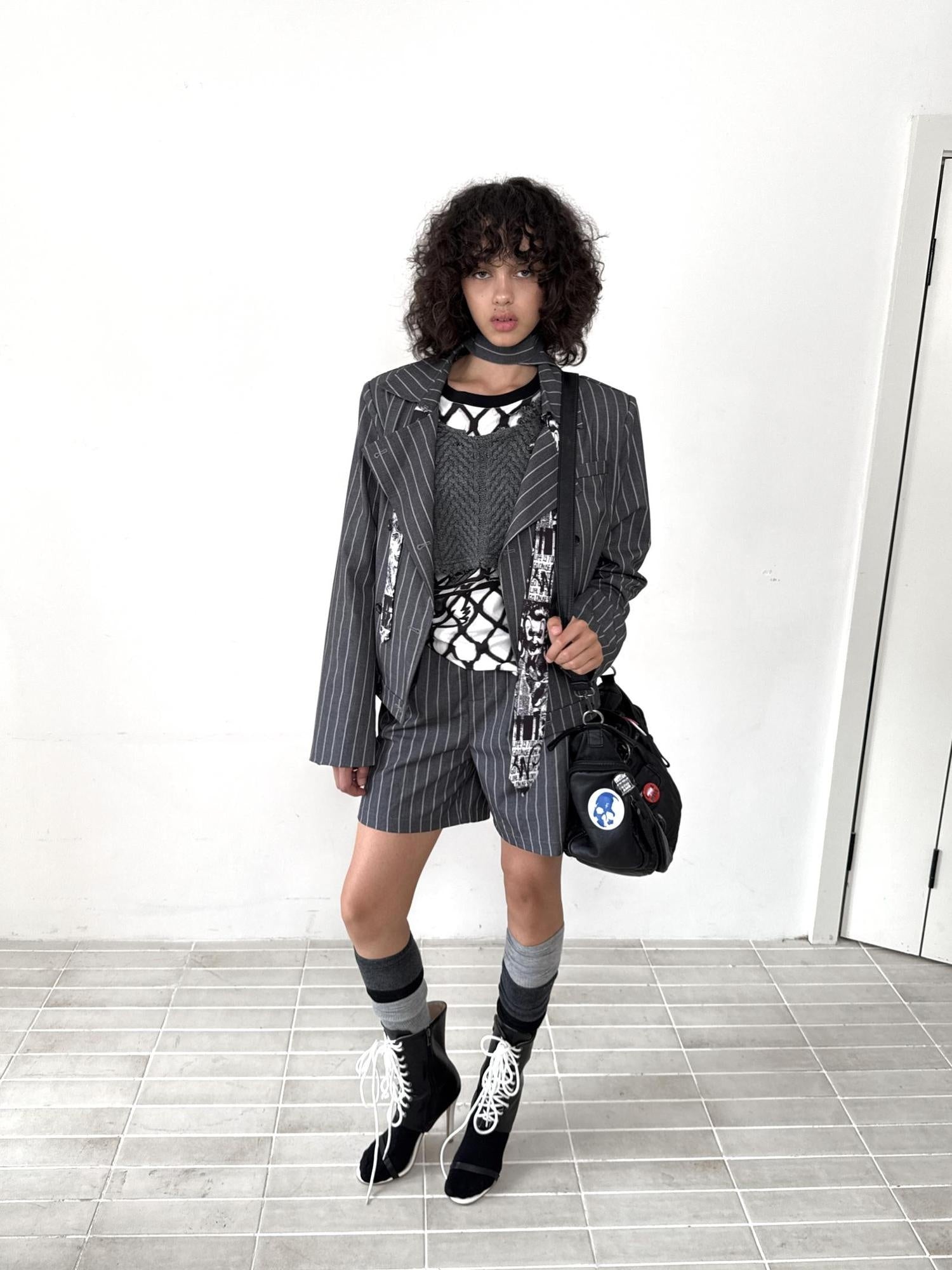 FULLTIDE Edgy Punk Oversized Epaulet 3D Details Unisex Cotton Blend Striped Jacket