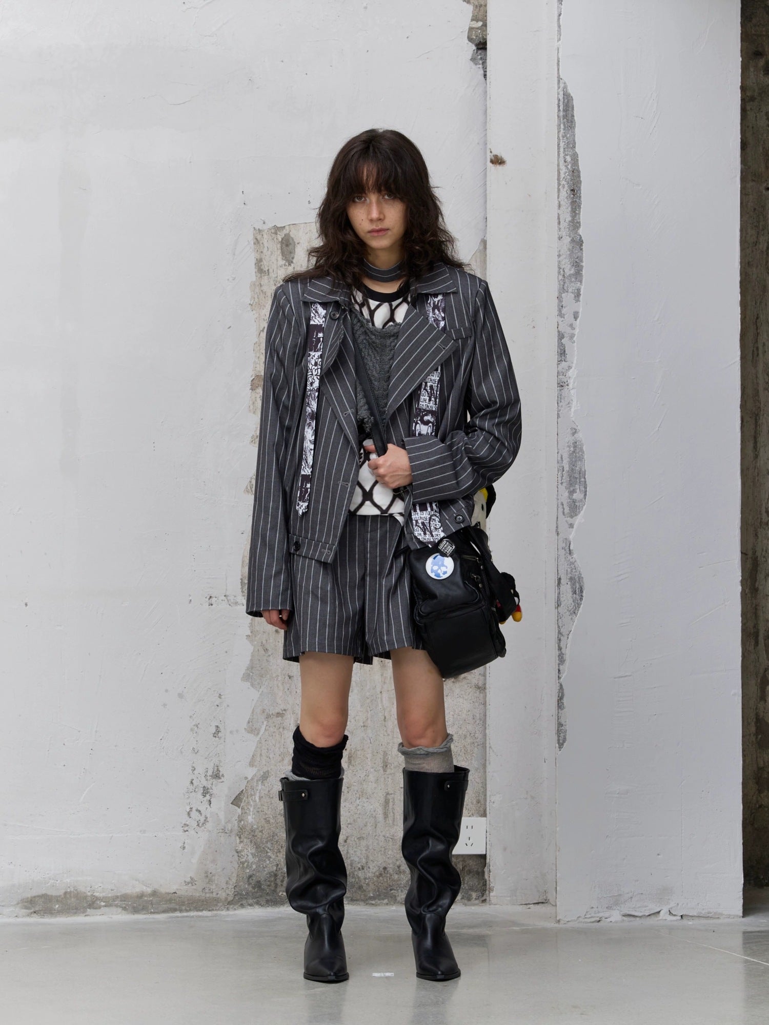 FULLTIDE Edgy Punk Oversized Epaulet 3D Details Unisex Cotton Blend Striped Jacket