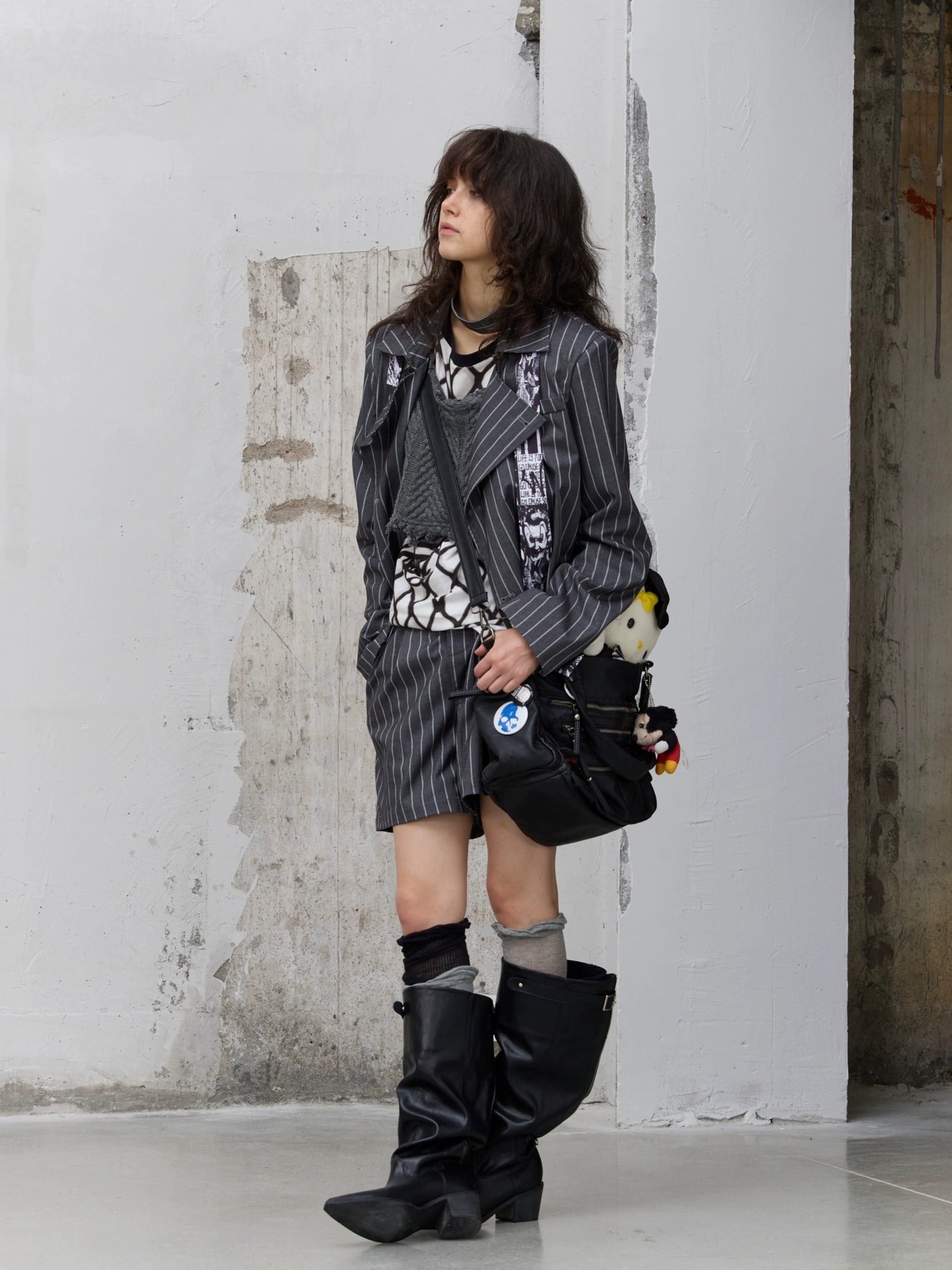 FULLTIDE Edgy Punk Oversized Epaulet 3D Details Unisex Cotton Blend Striped Jacket