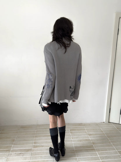 FULLTIDE Embossed Animal Print Preppy Oversized Blazer Collar Cardigan Unisex Sweater