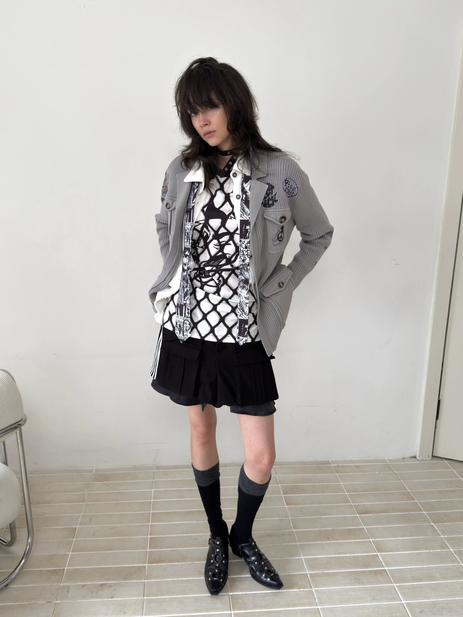 FULLTIDE Embossed Animal Print Preppy Oversized Blazer Collar Cardigan Unisex Sweater