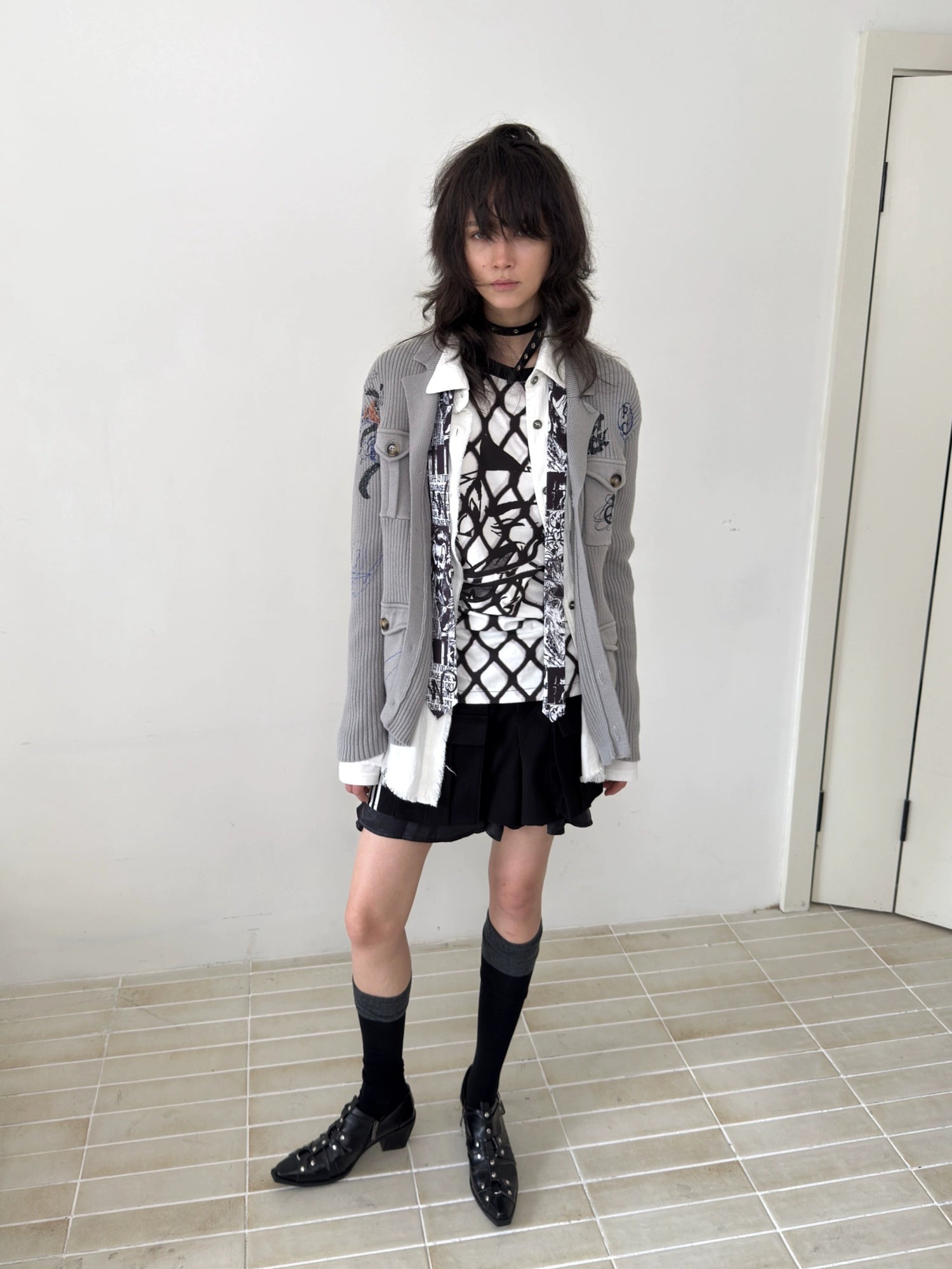 FULLTIDE Embossed Animal Print Preppy Oversized Blazer Collar Cardigan Unisex Sweater