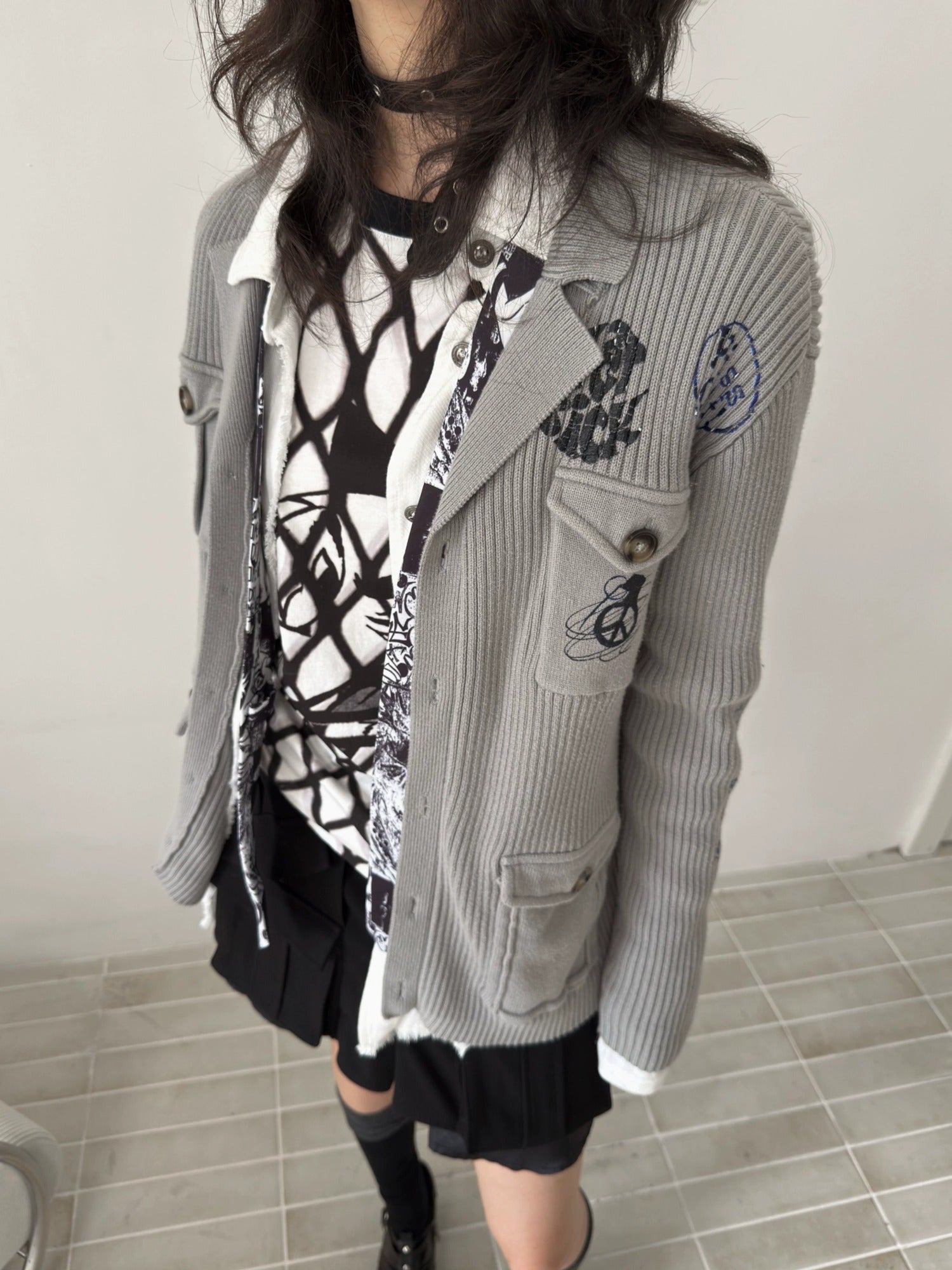 FULLTIDE Embossed Animal Print Preppy Oversized Blazer Collar Cardigan Unisex Sweater