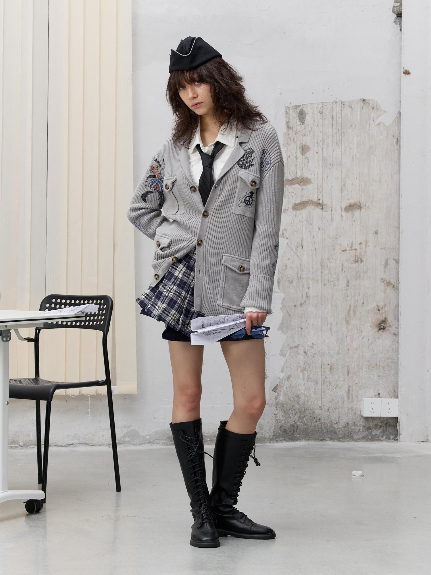 FULLTIDE Embossed Animal Print Preppy Oversized Blazer Collar Cardigan Unisex Sweater