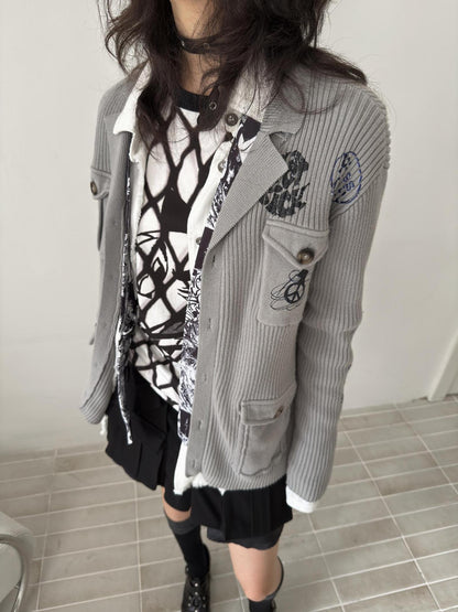 FULLTIDE Embossed Animal Print Preppy Oversized Blazer Collar Cardigan Unisex Sweater