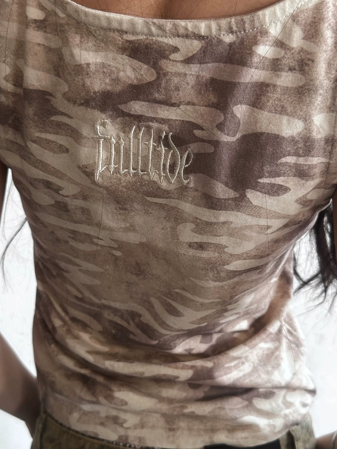 FULLTIDE Embroidered Printed Street Slim Fit Strappy Women Cotton Olive Beige Tank Top