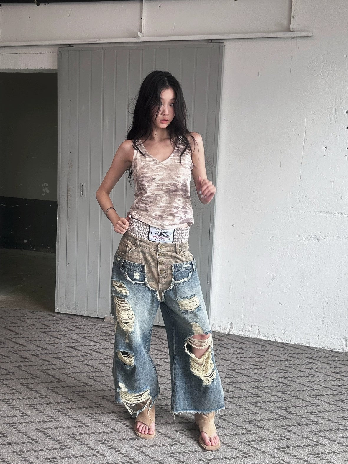 FULLTIDE Embroidered Printed Street Slim Fit Strappy Women Cotton Olive Beige Tank Top