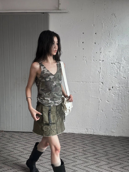 FULLTIDE Embroidered Printed Street Slim Fit Strappy Women Cotton Olive Beige Tank Top