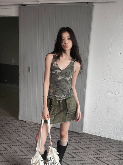 FULLTIDE Embroidered Printed Street Slim Fit Strappy Women Cotton Olive Beige Tank Top