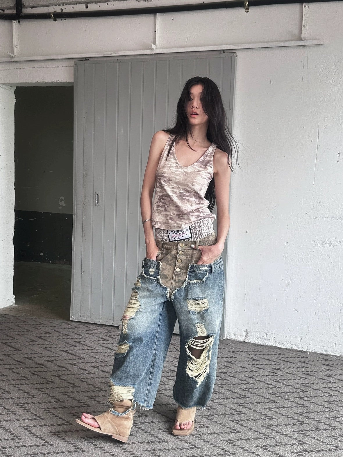 FULLTIDE Embroidered Printed Street Slim Fit Strappy Women Cotton Olive Beige Tank Top