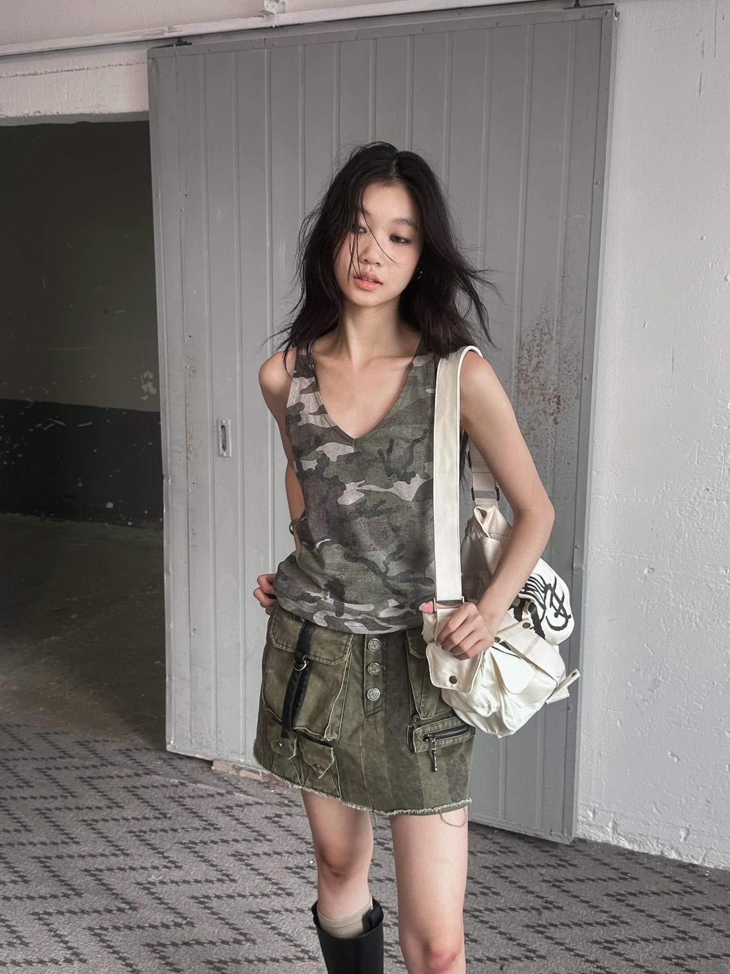 FULLTIDE Embroidered Printed Street Slim Fit Strappy Women Cotton Olive Beige Tank Top