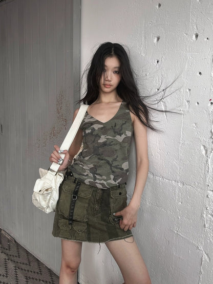 FULLTIDE Embroidered Printed Street Slim Fit Strappy Women Cotton Olive Beige Tank Top