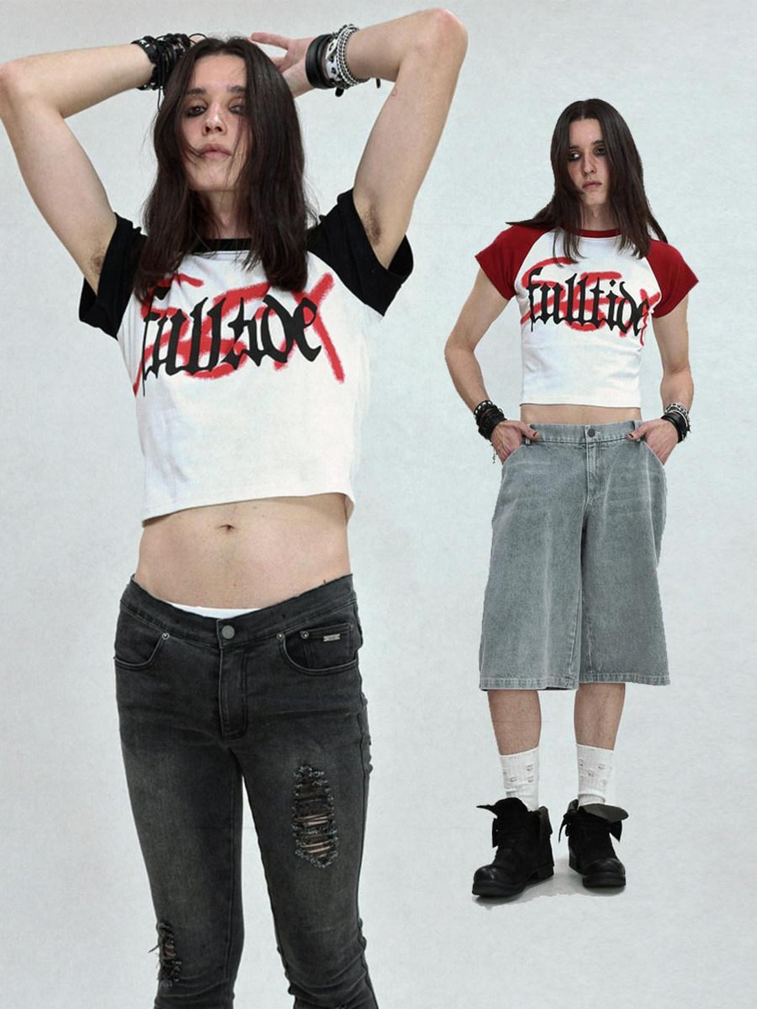 FULLTIDE Exposed Waist Text Print Thermal Transfer Raglan Women&