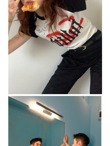 FULLTIDE Exposed Waist Text Print Thermal Transfer Raglan Women&