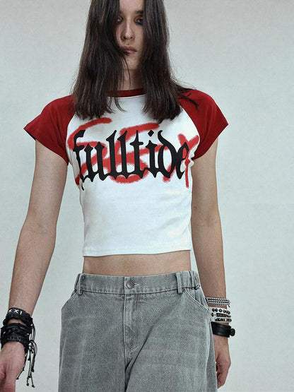 FULLTIDE Exposed Waist Text Print Thermal Transfer Raglan Women&