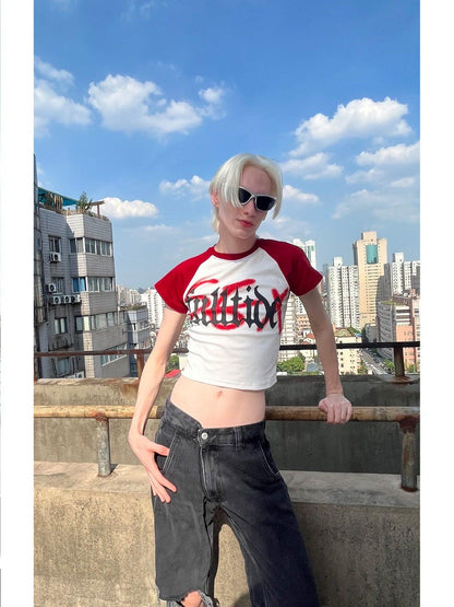 FULLTIDE Exposed Waist Text Print Thermal Transfer Raglan Women&