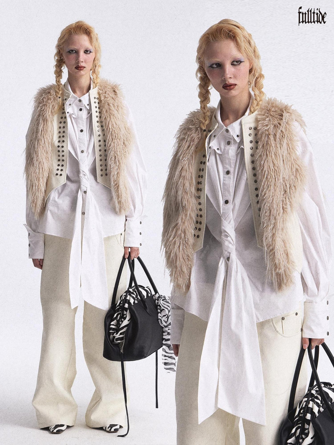 FULLTIDE Faux Fur Riveted Distressed Gradient Applique Women&