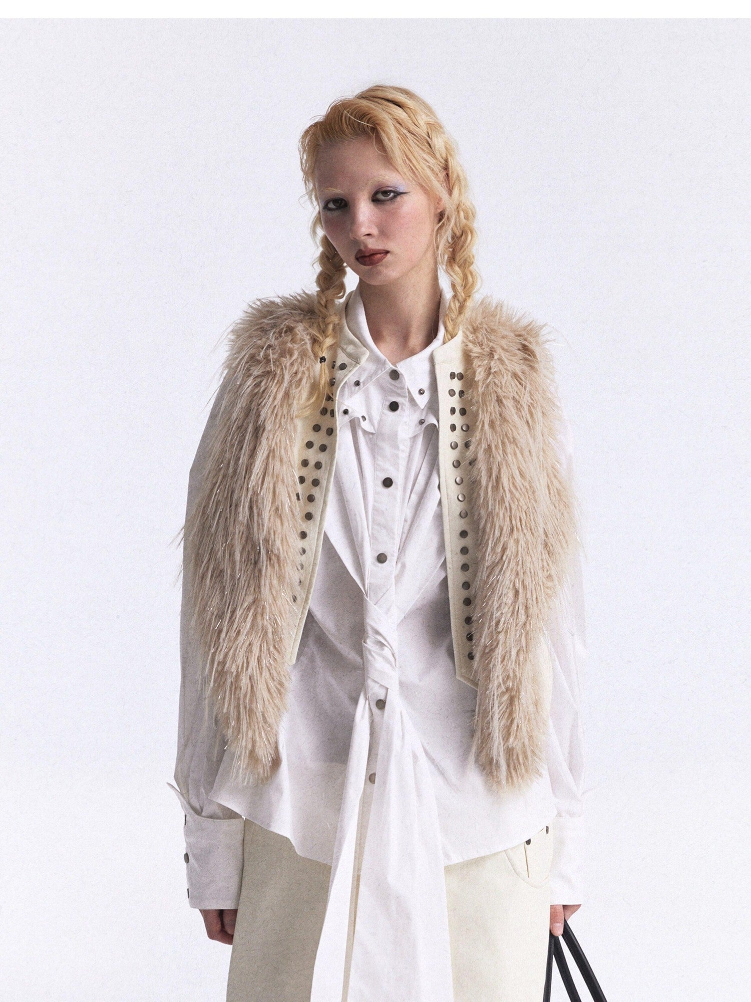 FULLTIDE Faux Fur Riveted Distressed Gradient Applique Women&