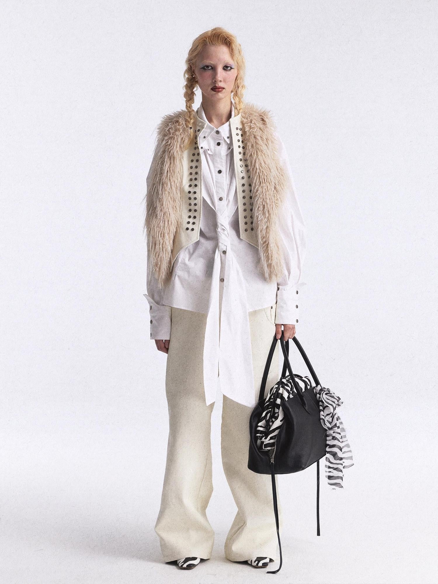 FULLTIDE Faux Fur Riveted Distressed Gradient Applique Women&