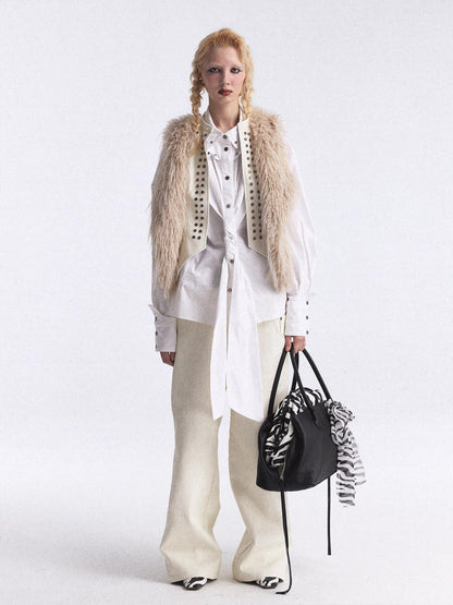 FULLTIDE Faux Fur Riveted Distressed Gradient Applique Women&