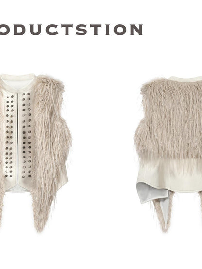 FULLTIDE Faux Fur Riveted Distressed Gradient Applique Women&