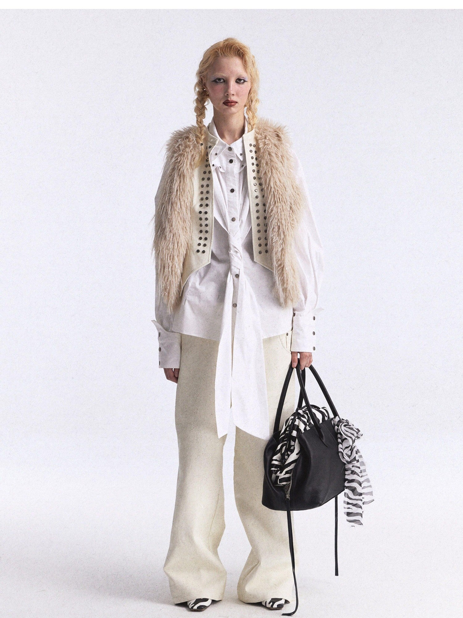 FULLTIDE Faux Fur Riveted Distressed Gradient Applique Women&