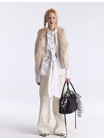 FULLTIDE Faux Fur Riveted Distressed Gradient Applique Women&