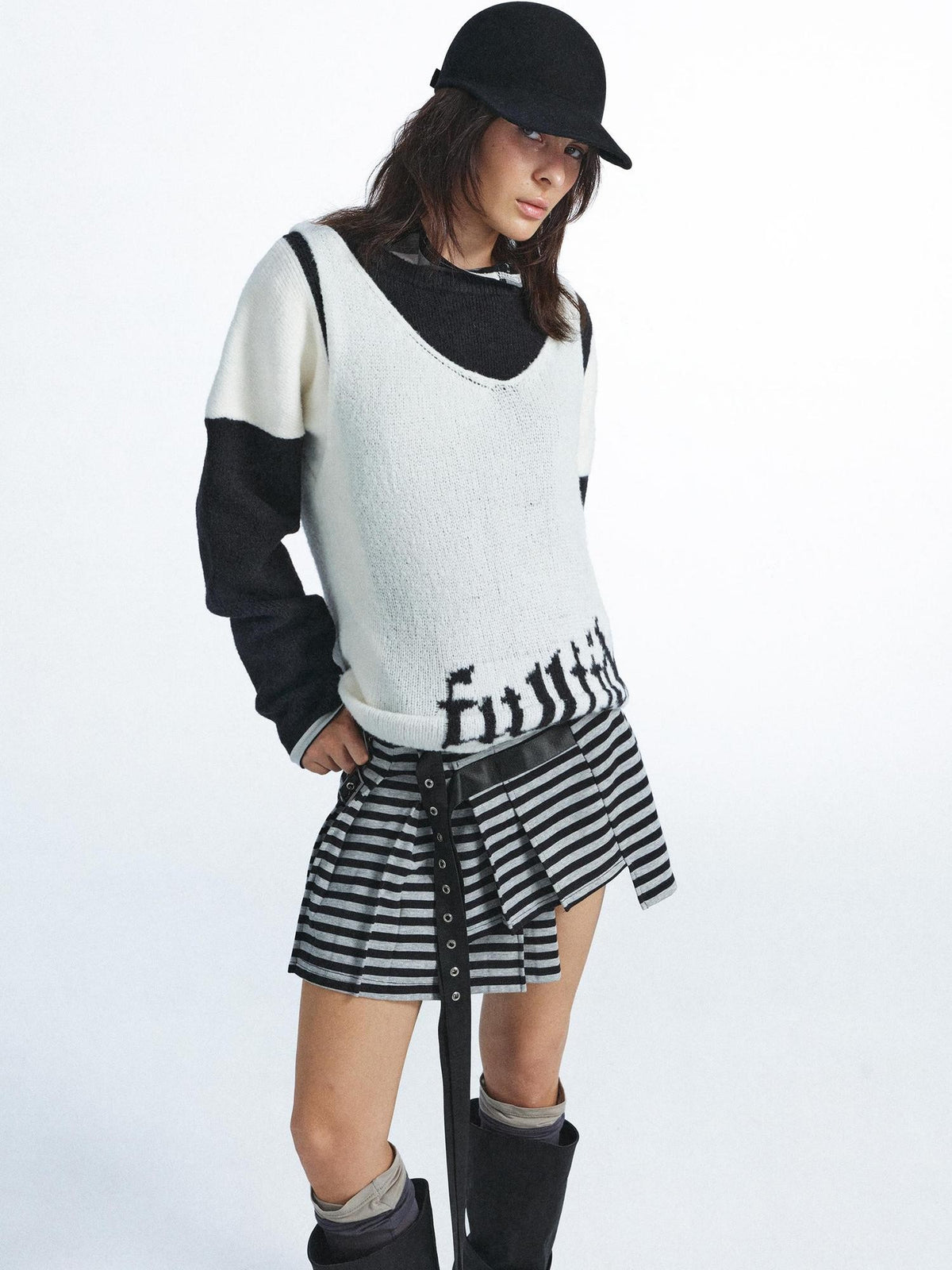 FULLTIDE Faux Layer Letter Print Mohair Blend Oversized Women&